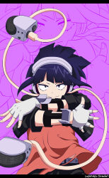 1girl absurdres audio_jack black_eyes blunt_bangs boku_no_hero_academia gloves headphones highres jacket jirou_kyouka laylaredfox looking_at_viewer purple_hair short_hair simple_background smile solo