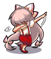 Rule 34 | 1girl, bow, chinese commentary, commentary request, dab (dance), fujiwara no mokou, full body, hair bow, jokanhiyou, long hair, lowres, pants, pink hair, red footwear, red pants, shirt, shoes, short sleeves, simple background, solo, standing, suspenders, touhou, very long hair, white background, white bow, white shirt
