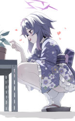 Rule 34 | 1girl, bee (deadflow), blue archive, blush, floral print, frilled kimono, frills, from side, geta, hair between eyes, hairband, halo, haruka (blue archive), haruka (new year) (blue archive), heart, highres, japanese clothes, kimono, open mouth, plant, potted plant, profile, purple hairband, purple kimono, simple background, solo, squatting, sweat, tabi, table, white background, wide sleeves