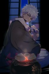Rule 34 | 1boy, black kimono, cooking, echo (circa), fate/grand order, fate (series), food, grill, holding, holding food, japanese clothes, kimono, looking at viewer, male focus, pot, scarf, senji muramasa (fate), senji muramasa (third ascension) (fate), sitting, sky, sliding doors, smile, solo, star (sky), starry sky, steam, white hair, yellow eyes