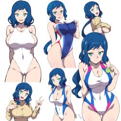 Rule 34 | 1girl, aqua eyes, batta 16-sei, blue eyes, blush, breasts, cleavage, competition swimsuit, covered navel, cropped legs, gluteal fold, gundam, gundam build fighters, haro, highres, iori rinko, large breasts, looking at viewer, low ponytail, multiple views, one-piece swimsuit, open mouth, ribbed sweater, simple background, smile, sweater, swimsuit, turtleneck, turtleneck sweater, underboob, v, white background