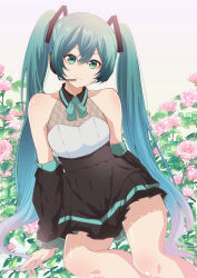 Rule 34 | 1girl, absurdres, aqua eyes, aqua hair, black dress, black sleeves, breasts, chiyu (bokunopiko), cleavage, closed mouth, commentary, detached sleeves, dress, flower, hatsune miku, highres, long hair, sitting, sleeveless, sleeveless dress, smile, solo, twintails, very long hair, vocaloid