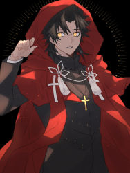 Rule 34 | 1boy, absurdres, alternate skin color, amakusa shirou (fate), black hair, brown eyes, cape, cross, cross necklace, cross print, earrings, fate/apocrypha, fate/grand order, fate (series), highres, hood, hooded cape, jewelry, light particles, long sleeves, male focus, necklace, official alternate hair color, parted bangs, priest, red cape, red hood, short hair, solo, spiked hair, stole, tassel, tofu (bean359), upper body, yellow eyes