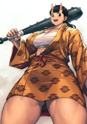 Rule 34 | 1girl, bandaged chest, black eyes, black hair, blush, breasts, club (weapon), dungeon meshi, giant, giantess, holding, holding weapon, horns, huge breasts, inutade, japanese clothes, kimono, mikel (4hands), mole, mole under eye, muscular, muscular female, nails, oni, open mouth, smile, thighs, weapon, white background