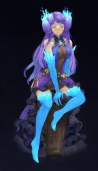 Rule 34 | 1girl, absurdres, bare shoulders, blue fire, blue thighhighs, breasts, brighid (xenoblade), center opening, closed eyes, closed mouth, commentary, commentary request, covered collarbone, dress, eyelashes, fiery hair, fire, highres, kaphrin, large breasts, long dress, long hair, mixed-language commentary, purple hair, sitting, solo, thighhighs, very long hair, xenoblade chronicles (series), xenoblade chronicles 2