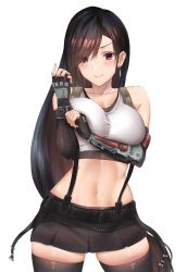 Rule 34 | 1girl, bare shoulders, belt, black gloves, black hair, black skirt, black thighhighs, blush, breasts, cleavage, collarbone, cowboy shot, crimecrime, crop top, earrings, elbow gloves, final fantasy, final fantasy vii, final fantasy vii remake, fingerless gloves, gauntlets, gloves, hand up, highres, jewelry, large breasts, long hair, looking at viewer, midriff, miniskirt, navel, pleated skirt, red eyes, shirt, skirt, sleeveless, sleeveless shirt, smile, solo, standing, stomach, suspenders, tank top, thighhighs, tifa lockhart, undershirt, v-shaped eyebrows, very long hair, white background, white shirt, zettai ryouiki