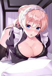 Rule 34 | 1girl, air (visual novel), all fours, apron, ass, black bra, black dress, black panties, black ribbon, blonde hair, blue eyes, blush, bra, breasts, cleavage, clothes lift, collarbone, dress, dress lift, frilled apron, frilled hairband, frills, garter straps, gloves, hair between eyes, hairband, huyumitsu, large breasts, leaning forward, looking at viewer, maid, maid apron, maid headdress, neck ribbon, open clothes, open dress, open mouth, original, paid reward available, panties, photoshop (medium), ponytail, ribbon, solo, underwear, white apron, white gloves, white hairband