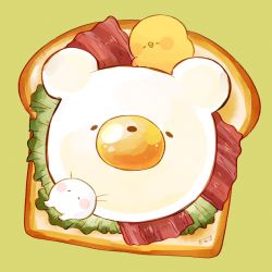 Rule 34 | 2others, animal-themed food, artist name, bacon, bear, bird, blush stickers, bread, bread slice, chick, chicken, closed eyes, commentary, creature, food, food art, food focus, fried egg, green background, highres, in food, kimipiyo (tenmiyakiyo), lettuce, multiple others, on food, original, oversized food, oversized object, signature, simple background, symbol-only commentary, tenmiyakiyo, tsubumaru (tenmiyakiyo)