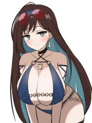 Rule 34 | 1girl, aqua hair, arm strap, assault lily, bare arms, bare shoulders, bikini, black choker, blue bikini, blue hairband, blush, breasts, brown hair, choker, cleavage, closed mouth, collarbone, colored inner hair, commentary request, cowboy shot, earrings, eyewear on head, green eyes, hairband, highres, ishizuka fujino, jewelry, large breasts, leaning forward, long hair, looking at viewer, multi-strapped bikini bottom, multicolored hair, o-ring, o-ring bikini, o-ring strap, o-ring top, official alternate costume, pendant, red-tinted eyewear, simple background, single earring, smile, solo, standing, sunglasses, swimsuit, thigh strap, tinted eyewear, two-tone hair, ueda (ueeeeeeeee1006), very long hair, white background