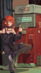 Rule 34 | 1girl, absurdres, arknights, auguste, bare shoulders, black dress, black footwear, black jacket, black pantyhose, bottle, chinese commentary, coca-cola, commentary request, dress, foot out of frame, hair between eyes, high heels, highres, holding, holding bottle, horns, jacket, long hair, long sleeves, looking at viewer, off shoulder, pantyhose, partial commentary, purple eyes, red hair, soda bottle, solo, surtr (arknights), thigh strap, vending machine