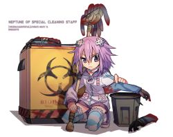 Rule 34 | 10s, 1girl, bad id, bad twitter id, collar, d-pad, hair ornament, kokaki mumose, looking at viewer, mop, neptune (neptunia), neptune (series), purple eyes, purple hair, severed arm, severed limb, short hair, solo, striped clothes, striped thighhighs, thighhighs, uneven eyes, viscera cleanup detail