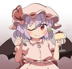 Rule 34 | 1girl, ;), back bow, bat wings, bow, cup, food, gradient background, grey background, hands up, hat, holding, holding cup, holding spoon, looking at viewer, mob cap, one eye closed, pink shirt, pink skirt, pudding, purple hair, red bow, red eyes, remilia scarlet, rokugou daisuke, shirt, short hair, simple background, skirt, skirt set, smile, solo, sparkle, spoon, touhou, upper body, v-shaped eyebrows, wings