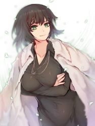 Rule 34 | 1girl, black hair, breasts, coat, collared dress, covered navel, crossed arms, dress, fubuki (one-punch man), fur coat, green eyes, highres, jewelry, large breasts, looking at viewer, mukka, necklace, one-punch man, raised eyebrow, smile, solo