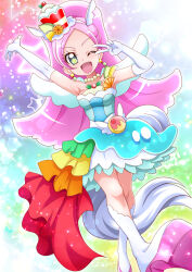 Rule 34 | 1girl, animal ears, arm up, armpits, blush, collarbone, commentary request, cure parfait, dress, earrings, food, food-themed hair ornament, fruit, gloves, hair ornament, hanzou, headband, highres, jewelry, kirakira precure a la mode, kiwi (fruit), lemon, long hair, looking at viewer, multicolored eyes, necklace, one eye closed, open mouth, orange (fruit), parfait, pearl earrings, pearl necklace, pink hair, ponytail, precure, solo, sparkling eyes, tail, v, white gloves, white wings, wings