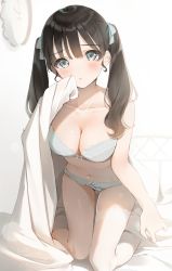Rule 34 | 1girl, :t, bare arms, bare shoulders, black hair, blanket, blue eyes, blurry, blush, bra, breasts, cleavage, clock, closed mouth, collarbone, depth of field, grey bra, grey panties, hair ribbon, hand up, highres, kinako (shiratama mochi), kneeling, lingerie, long hair, looking at viewer, medium breasts, navel, original, panties, pout, ribbon, sidelocks, single thighhigh, solo, thighhighs, twintails, underwear, underwear only, white thighhighs
