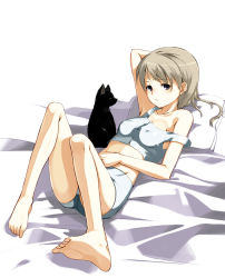 Rule 34 | 00s, 1girl, bad anatomy, bad feet, barefoot, bed, cat, eila ilmatar juutilainen, feet, highres, poorly drawn, soles, solo, strike witches, takenaka hideo, toes, world witches series