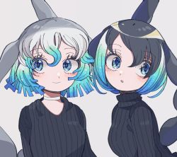 Rule 34 | 2girls, alternate costume, black hair, black sweater, blonde hair, blowhole, blue eyes, blue hair, cetacean tail, choker, common bottlenose dolphin (kemono friends), common dolphin (kemono friends), dolphin girl, dorsal fin, fins, fish tail, grey hair, hair between eyes, kanmoku-san, kemono friends, long sleeves, matching outfits, multicolored hair, multiple girls, short hair, sweater, tail, turtleneck, turtleneck sweater, v-neck, white choker, white hair