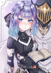 Rule 34 | 1girl, 1other, alisa (punishing: gray raven), black bodysuit, black bow, blue eyes, blue hair, bodysuit, book, bow, breasts, closed mouth, cross, cross earrings, earrings, hair bow, hair intakes, headgear, helmet, highres, humanoid robot, jewelry, long hair, looking at viewer, mechanical arms, mechanical parts, misoso 25, punishing: gray raven, robot, small breasts
