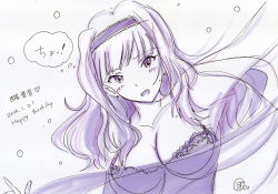 Rule 34 | 1girl, armpits, artist name, blush, bra, breasts, cleavage, collarbone, dated, hairband, happy birthday, highres, idolmaster, idolmaster (classic), large breasts, long hair, monochrome, parted lips, potekite, see-through, shijou takane, sketch, solo, underwear