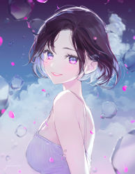 Rule 34 | 1girl, bare shoulders, blue eyes, blurry, blurry background, blush, breasts, brown hair, bubble, camisole, cloud, gomzi, looking at viewer, looking back, medium breasts, original, parted lips, petals, short hair, sky, smile, solo, spaghetti strap, white camisole