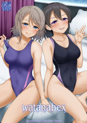 Rule 34 | 2girls, bed, black hair, blue eyes, blue one-piece swimsuit, collarbone, competition swimsuit, cousins, cover, feet out of frame, grey hair, highleg, highleg swimsuit, indoors, love live!, love live! sunshine!!, love live! sunshine!! the school idol movie over the rainbow, medium hair, miel (lessontome), multiple girls, one-piece swimsuit, pillow, purple eyes, purple one-piece swimsuit, saliva, short hair, sitting, swimsuit, watanabe tsuki, watanabe you, waving