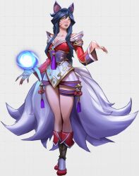 Rule 34 | 1girl, absurdres, ahri (league of legends), animal ears, ball, bare shoulders, boots, breasts, brown eyes, cleavage, collarbone, facial mark, fingernails, fox ears, fox tail, hand up, highres, kitsune, kyuubi, large breasts, league of legends, long sleeves, magic, multiple tails, off shoulder, sharp fingernails, solo, standing, stnpnk, tail, whisker markings