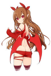 Rule 34 | 1girl, ass, bad id, bad pixiv id, bare shoulders, brown hair, cowboy shot, demon wings, detached sleeves, from behind, k (li), long hair, looking at viewer, looking back, original, pointy ears, red eyes, simple background, solo, two side up, white background, wings