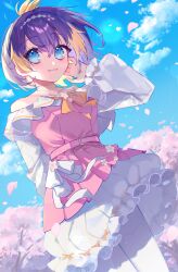 Rule 34 | 1girl, belt, cherry blossoms, dress, highres, long sleeves, multicolored clothes, multicolored dress, multicolored hair, nijisanji, nijisanji en, off-shoulder dress, off shoulder, orange hair, petra gurin, pink belt, pink dress, purple hair, ribbon, shine asahi, short hair, sky, smile, solo, streaked hair, thighhighs, virtual youtuber, white dress, white ribbon, white thighhighs