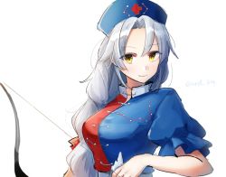 Rule 34 | 1girl, alternate eye color, blue dress, blush, bow (weapon), braid, breasts, cross print, dress, eyes visible through hair, hat, kuroda (chokobo 314), large breasts, light, long hair, looking at viewer, multicolored clothes, multicolored dress, nurse cap, parted bangs, red dress, short sleeves, sideways glance, silver hair, simple background, single braid, sketch, smile, solo, touhou, twitter username, upper body, very long hair, weapon, white background, yagokoro eirin