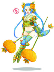 Rule 34 | 1girl, arm guards, armor, armored boots, bad id, bad pixiv id, blue hair, blue thighhighs, boots, creatures (company), dual wielding, elbow pads, flower, flygon, full body, game freak, gen 3 pokemon, green thighhighs, groin, hair flower, hair ornament, heart, holding, kasuka108, knee pads, long hair, looking at viewer, midriff, navel, nintendo, open mouth, personification, pokemon, polearm, solo, speech bubble, staff, striped clothes, striped thighhighs, tail, talking, thighhighs, twintails, underwear, weapon, white background
