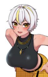 Rule 34 | 1girl, 7a (se7ena), bare shoulders, belt, black belt, black shirt, blonde hair, blush, breasts, chain, chain necklace, covered collarbone, gold chain, gold necklace, hands on own hips, highres, jewelry, large breasts, leaning forward, luvdia, multicolored hair, necklace, open mouth, pants, park dona, plaid, plaid pants, shirt, sleeveless, sleeveless shirt, solo, streaked hair, teeth, unmoving pattern, upper teeth only, virtual youtuber, white hair, yellow eyes, yellow pants
