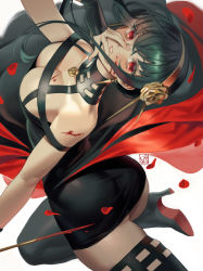 Rule 34 | 1girl, ass, black hair, black thighhighs, blood, blood on breasts, blood on face, bloody weapon, breasts, choker, cleavage, dagger, earrings, flower, hair flower, hair ornament, hairband, hand on own face, highres, holding, holding weapon, jewelry, knife, large breasts, looking at viewer, poch4n, red eyes, simple background, solo, spy x family, stiletto (weapon), thighhighs, weapon, white background, yor briar