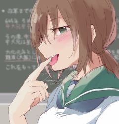 Rule 34 | 1girl, 2019, alternate hair color, blurry, blush, breasts, brown hair, chalk, chalkboard, commentary, dated, depth of field, finger in own mouth, fingernails, fubuki (kancolle), green eyes, green sailor collar, hair between eyes, hair tie, half-closed eyes, hiroi09, kantai collection, licking, licking finger, long hair, looking at viewer, low ponytail, medium breasts, no neckwear, out of frame, sailor collar, school uniform, serafuku, short ponytail, signature, smile, solo, teeth, tongue, tongue out, translated, upper body