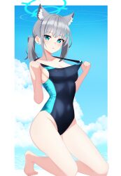 Rule 34 | 1girl, absurdres, animal ear fluff, animal ears, barefoot, black one-piece swimsuit, blue archive, blue eyes, blue sky, breasts, cloud, competition swimsuit, covered navel, cross hair ornament, extra ears, full body, grey hair, hair ornament, halo, highres, hururu game, kneeling, low ponytail, medium breasts, medium hair, mismatched pupils, multicolored clothes, multicolored swimsuit, official alternate costume, one-piece swimsuit, shiroko (blue archive), shiroko (swimsuit) (blue archive), sky, solo, strap pull, swimsuit, wolf ears