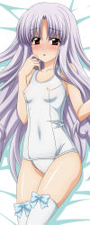 Rule 34 | 1girl, azmaria hendric, blush, breasts, chrno crusade, covered erect nipples, highres, long hair, lying, one-piece swimsuit, purple hair, red eyes, school swimsuit, small breasts, solo, sugimura tomokazu, swimsuit, thighhighs, white school swimsuit, white one-piece swimsuit