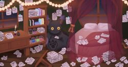 Rule 34 | bed, blacktailmon, cat, curtains, digimon, highres, paper, window
