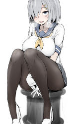 Rule 34 | 10s, 1girl, absurdres, between legs, black skirt, blue eyes, blush, breasts, breath, brown pantyhose, commentary request, freedom nakai, full body, gloves, hair ornament, hair over one eye, hairclip, hamakaze (kancolle), hand between legs, highres, interlocked fingers, kantai collection, large breasts, looking up, necktie, one eye covered, open mouth, own hands together, pantyhose, pleated skirt, school uniform, serafuku, shoes, short hair, short sleeves, silver hair, simple background, sitting, sitting on object, skirt, solo, sweat, white background, white footwear, white gloves