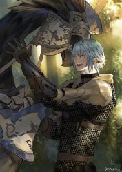 Rule 34 | 1boy, arm up, armor, black gloves, blue eyes, blue hair, chainmail, chest belt, chocobo, cowboy shot, earclip, elezen, elf, final fantasy, final fantasy xiv, forest, from side, gloves, haurchefant greystone, jya, male focus, nature, one eye closed, open mouth, outdoors, pauldrons, pointy ears, pouch, reins, shield, short hair, shoulder armor, smile, solo, standing, tree, twitter username, vambraces