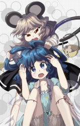 Rule 34 | 2girls, ahoge, angry, animal ears, basket, bloomers, blue dress, blue eyes, blue hair, dress, female focus, grabbing another&#039;s hair, grey dress, hair ornament, hair rings, hair stick, highres, kaku seiga, mouse (animal), mouse ears, mouse tail, multiple girls, nazrin, open mouth, red eyes, shawl, short hair, silver hair, sitting, syope, tail, touhou, underwear, vest