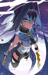 Rule 34 | 1girl, black gloves, black skirt, blue bow, blue eyes, blue hair, bow, breasts, chain, dual wielding, from above, gloves, hair intakes, hairband, hechium, highres, holding, holding sword, holding weapon, hololive, hololive english, large breasts, looking at viewer, ouro kronii, short hair, skirt, solo, sword, v-shaped eyebrows, virtual youtuber, weapon