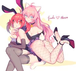 Rule 34 | 2girls, ahoge, animal ear fluff, animal ears, ass, ass grab, bare shoulders, bell, bent over lap, black choker, black legwear, black leotard, blue eyes, breasts, cat ears, cat tail, choker, cleavage, closed mouth, collarbone, commentary, crossed legs, elbow gloves, eyes visible through hair, fiodo, fishnets, garter straps, gloves, hair between eyes, hair ornament, hairclip, hand on another&#039;s ass, hand on another&#039;s chin, heart, heart-shaped pupils, high heels, highres, jingle bell, large breasts, legs up, leotard, long hair, looking at another, lying, lying on person, multiple girls, nail polish, neck bell, on stomach, one eye closed, open mouth, original, pink hair, playboy bunny, rabbit ears, rabbit tail, red eyes, red hair, sitting, star-shaped pupils, star (symbol), symbol-only commentary, symbol-shaped pupils, tail, thighhighs, twintails, yellow nails, yuri
