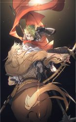 Rule 34 | 2boys, achilles (fate), armor, bow (weapon), brown hair, centaur, chiron (fate), fate/apocrypha, fate (series), fighting, gauntlets, green hair, highres, long hair, low-tied long hair, male focus, manly, multiple boys, no-kan, polearm, scarf, spear, spiked hair, taur, weapon