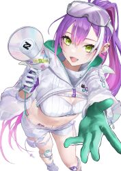 Rule 34 | 1girl, absurdres, bandaid, bandaid on leg, belt, blush, breasts, colored inner hair, commentary, demon girl, demon tail, demon wings, ear piercing, gloves, goggles, goggles on head, green eyes, hair ornament, hairclip, highres, hip tattoo, holding, holding megaphone, hololive, knee pads, long hair, long sleeves, looking at viewer, medium breasts, megaphone, megu (pixiv9460065), midriff, multicolored hair, navel, navel piercing, official alternate costume, open mouth, piercing, pink hair, ponytail, purple hair, see-through, see-through sleeves, short shorts, shorts, shrug (clothing), solo, strapless, streaked hair, tail, tattoo, tokoyami towa, tokoyami towa (5th costume), tube top, virtual youtuber, white background, white belt, white gloves, white hair, white shorts, white shrug, white tube top, wings