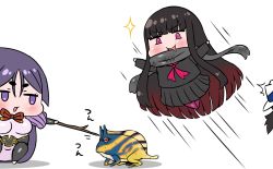 Rule 34 | 1boy, 2girls, :d, :o, ^^^, absurdly long hair, black hair, black legwear, black shirt, black skirt, blunt bangs, blush, bodysuit, brown hair, chibi, commentary request, crossover, fate/grand order, fate (series), frog, gradient hair, grey scarf, hat, highres, jitome, jumping, long hair, low-tied long hair, minamoto no raikou (fate), monster hunter, monster hunter: world, monster hunter (series), multicolored hair, multiple girls, neckerchief, open mouth, oryou (fate), pantyhose, parted bangs, pink bodysuit, pink eyes, pink neckerchief, pleated skirt, poking, ponytail, puffy sleeves, purple eyes, purple hair, red neckerchief, rei (rei rr), sakamoto ryouma (fate), saliva, sash, scarf, school uniform, serafuku, shirt, simple background, skirt, smile, sparkle, speed lines, squatting, stick, thighhighs, very long hair, white background, white hat