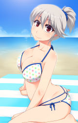 Rule 34 | 1girl, alternate hairstyle, bad id, bad pixiv id, beach, bikini, blanket, blue sky, breasts, cleavage, collarbone, day, feet, female focus, g-string, hayashi custom, highres, izayoi sakuya, large breasts, looking at viewer, multi-strapped bikini bottom, ocean, outdoors, polka dot, polka dot bikini, polka dot swimsuit, ponytail, red eyes, scrunchie, silver hair, sitting, sky, solo, swimsuit, thong, thong bikini, touhou, wariza, whale tail (clothing)