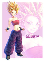 Rule 34 | 10s, 1girl, baggy pants, bandeau, bare shoulders, black footwear, bracer, breasts, caulifla, character name, cleavage, clenched hands, collarbone, copyright name, dragon ball, dragon ball super, eply, full body, green eyes, grin, medium breasts, midriff, navel, pants, smile, solo, spiked hair, super saiyan, super saiyan 2, tsurime