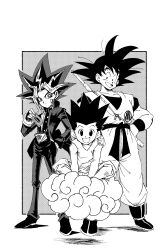 Rule 34 | 3boys, :d, absurdres, artist name, card, child, crossover, dougi, dragon ball, dragonball z, dyed bangs, fenyon, gon freecss, greyscale, hand on another&#039;s shoulder, highres, holding, holding card, hunter x hunter, male focus, millennium puzzle, monochrome, multiple boys, multiple crossover, muscular, muscular child, open mouth, shounen jump, smile, son goku, spiked hair, standing, yami yugi, yu-gi-oh!, yu-gi-oh! duel monsters