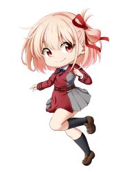 Rule 34 | 1girl, black socks, blonde hair, brown footwear, chibi, closed mouth, dress, eyebrows hidden by hair, full body, grey dress, hair between eyes, hair ribbon, highres, kuena, loafers, long sleeves, looking at viewer, lycoris recoil, lycoris uniform, nishikigi chisato, pleated skirt, red dress, red ribbon, ribbon, shoes, simple background, skirt, smile, socks, solo, two-tone dress, white background