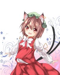 Rule 34 | 1girl, animal ears, bad id, bad pixiv id, bow, brown hair, cat ears, cat tail, chen, cowboy shot, earrings, fang, hat, highres, jewelry, long sleeves, looking at viewer, miki yanagi, mob cap, multiple tails, open mouth, red eyes, single earring, skirt, skirt set, solo, tail, touhou, two tails