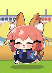 Rule 34 | 1girl, :3, = =, alternate costume, animal ear fluff, animal ears, blush, book, casual, chibi, comiket, contemporary, closed eyes, fate/grand order, fate (series), fox ears, fox girl, fox tail, full body, highres, open mouth, pink hair, plover, smile, solo, star (symbol), tail, tamamo (fate), tamamo no mae (fate/extra)